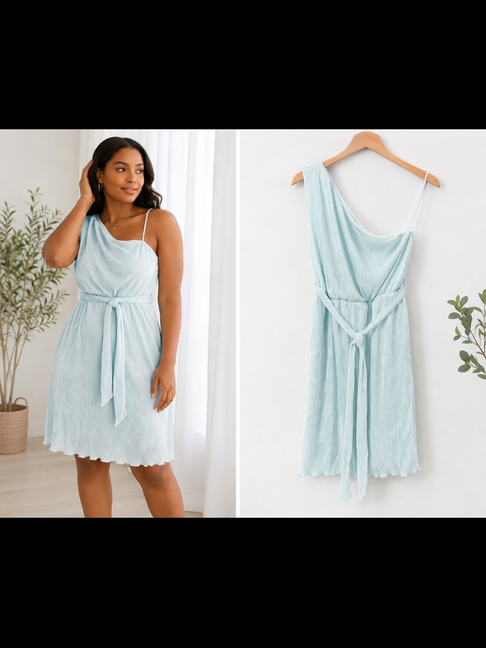 She + Sky One-Shoulder Pleated Aqua Dress with Waist Tie